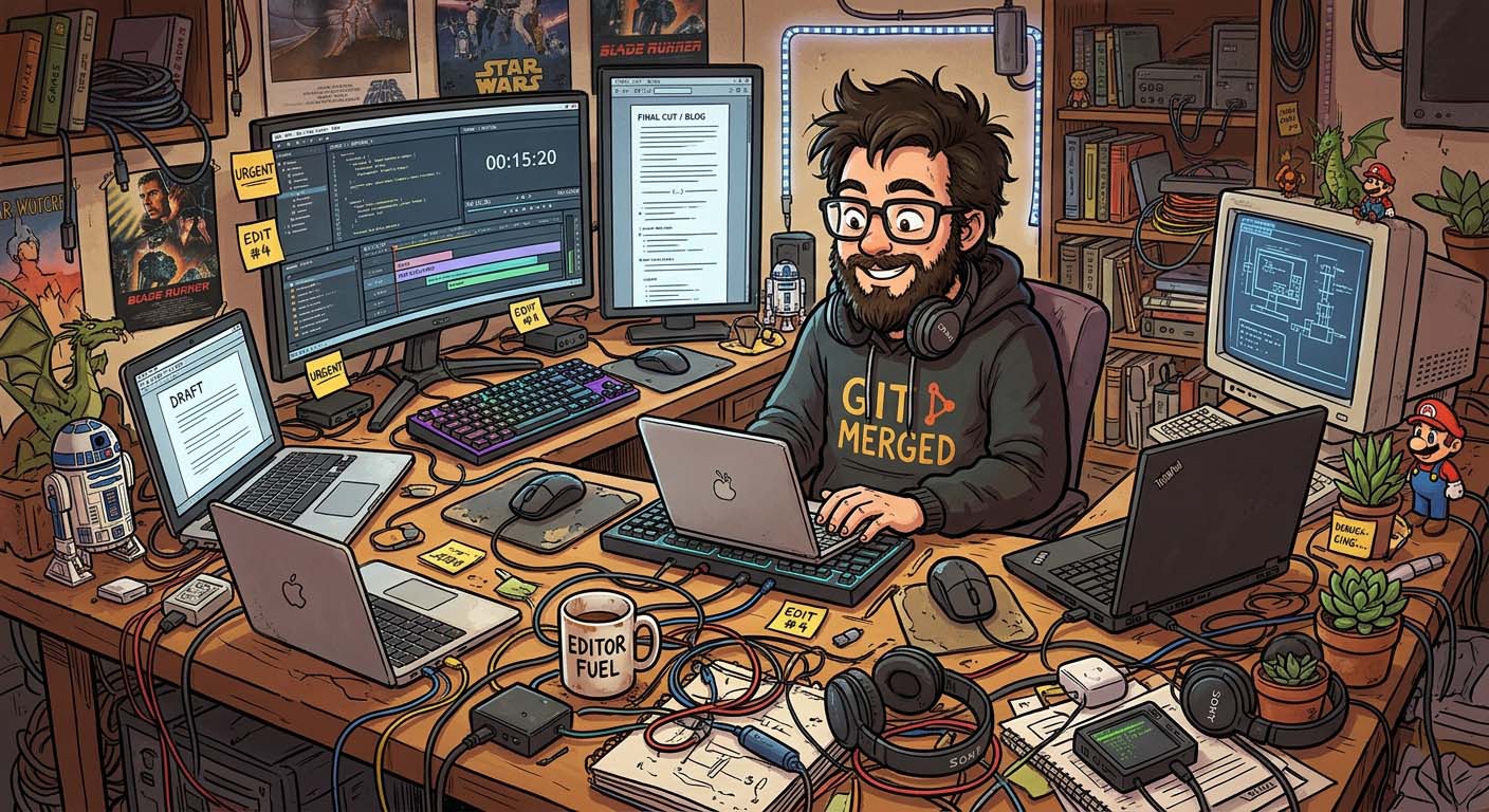 digital illustration of a cheerful geeky editor sitting at an overflowing, chaotic desk surrounded by multiple laptops, dual large monitors, a vintage desktop computer, tangled wires, computer mice, keyboards, headphones, and a mug